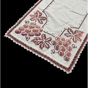 Vintage Dresser Start Table Runner White Red Embroidered Lace Edge Antique